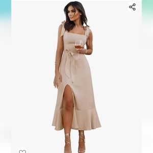Wedding bridesmaid champagne color bow sleeves midi dress